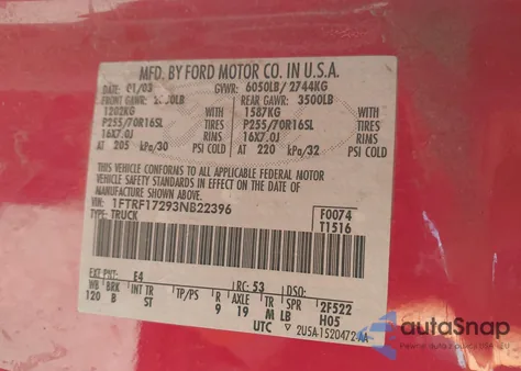 2003 Ford F-150 Xl/Xlt из США, поврежденный, VIN 1FTRF17293NB22396